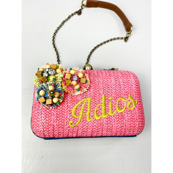 Anthropologie Handbags - Miss Albright Anthropologie Pink Straw Hard Clutch with Bead Flowers Says Adios